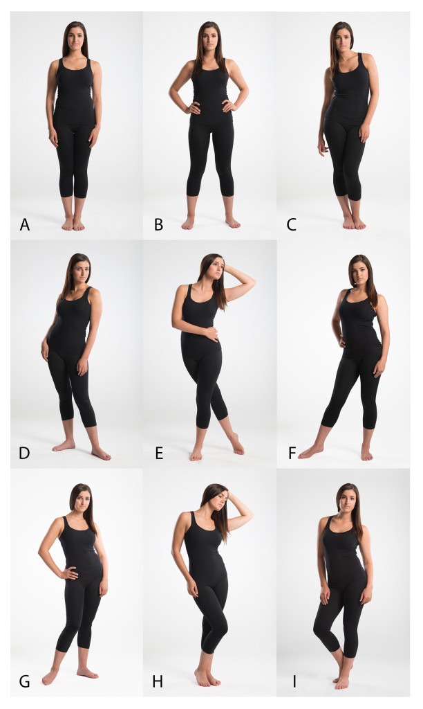 This chart shows nine poses that are common for female full-body posing.