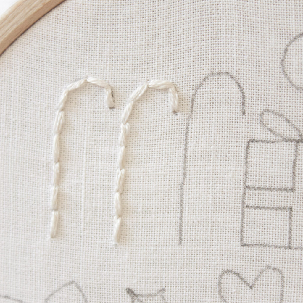 Step 1 of the whipped back stitch embroidery. Line with basic back stitch in white.