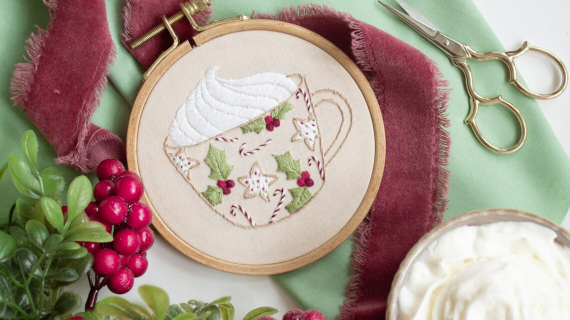 Christmas cup embroidered with various stitch techniques